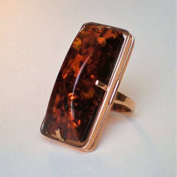 NEW Russian Russia USSR 14K 585 Rose Pink Gold Baltic Honey Amber Cocktail RING - Picture 2 of 9